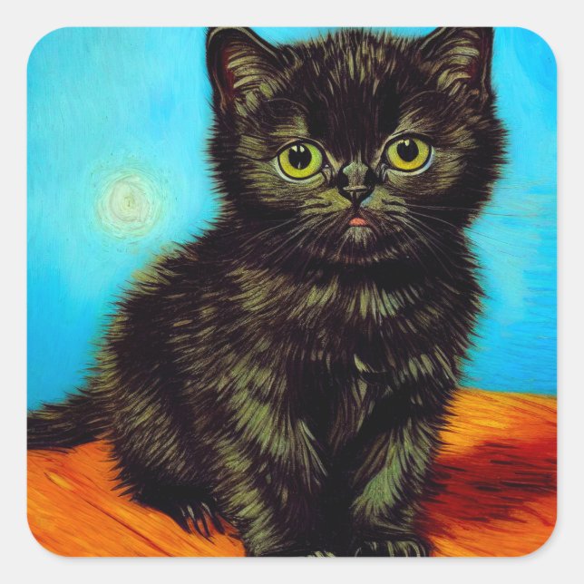 Pegatina Cuadrada Van Gogh Style Pouting Kitten (Anverso)
