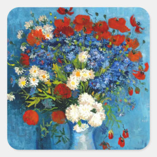 Pegatina Cuadrada Van Gogh Vase con Cornflowers y Poppies