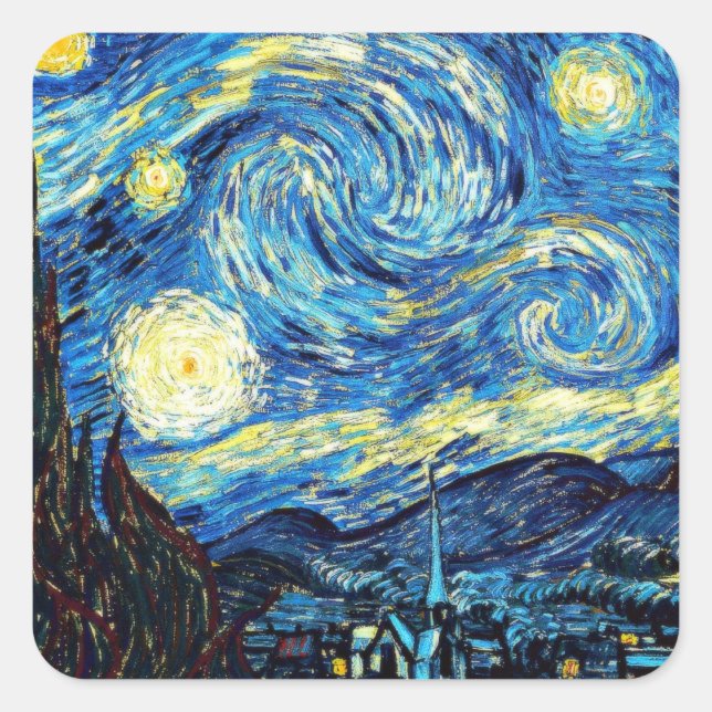 Pegatina Cuadrada Van Gogh's famous painting, Starry Night (Anverso)