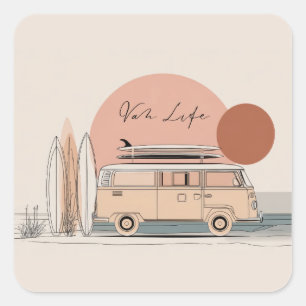 Pegatina Cuadrada Van Life Surf Van – Estética Retro de Camper de Pl