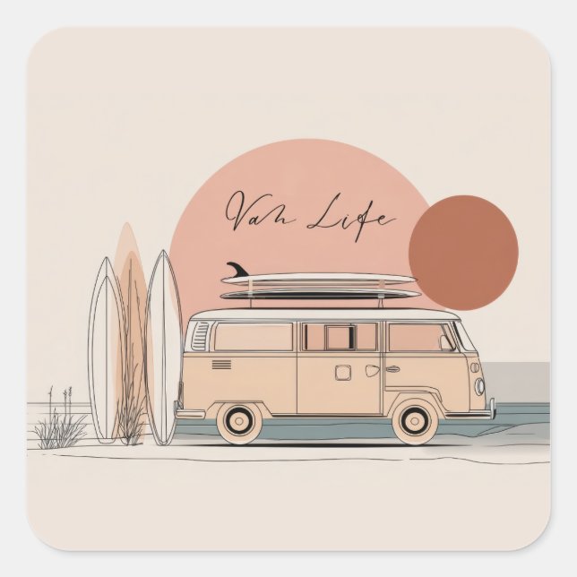 Pegatina Cuadrada Van Life Surf Van – Retro Beach Camper Aesthetic  (Anverso)