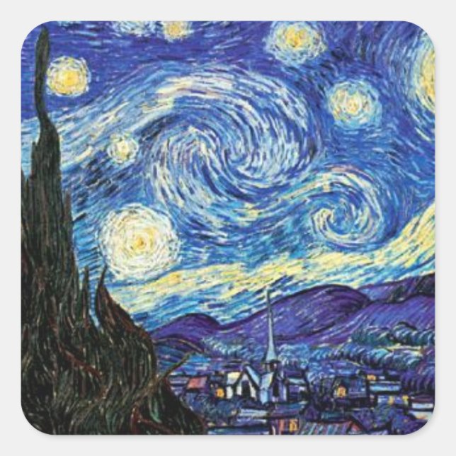 Pegatina Cuadrada VanGogh, Noche Starry, pintura famosa (Anverso)