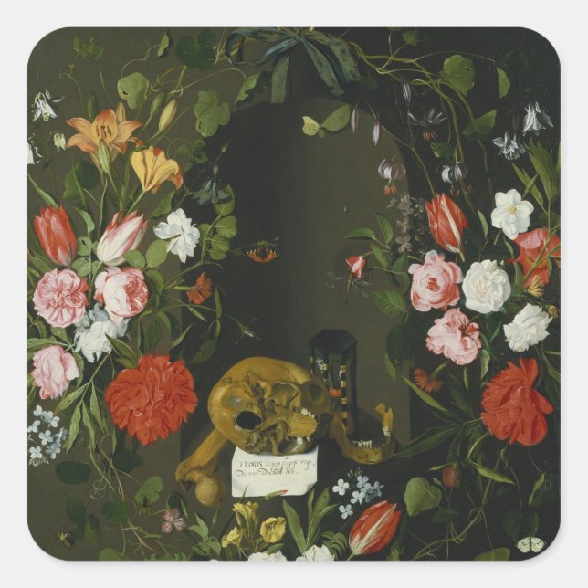 Pegatina Cuadrada Vanitas con flores (Anverso)