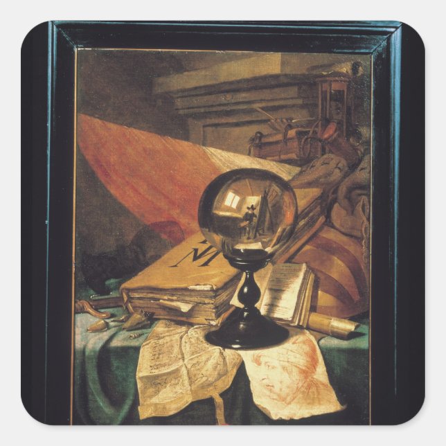 Pegatina Cuadrada Vanitas con una bola de cristal (Anverso)