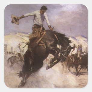 Pegatina Cuadrada Vaqueiro de Rodeo Antiguo, Jinete Despreocupado po