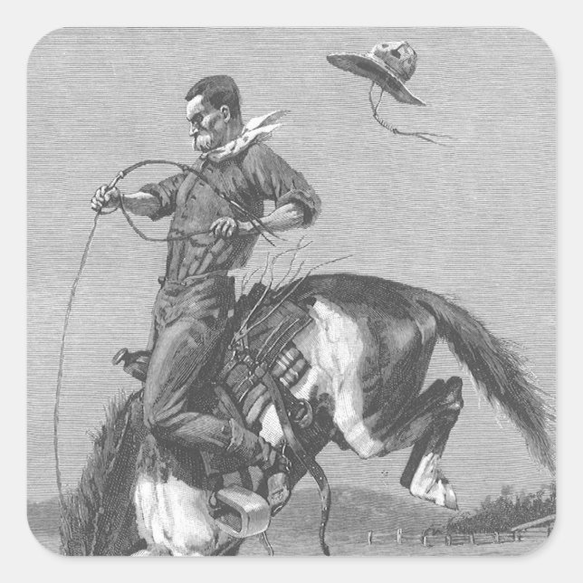 Pegatina Cuadrada Vaqueiros de Rodeo Antiguos, Potro Salvaje de Remi (Anverso)