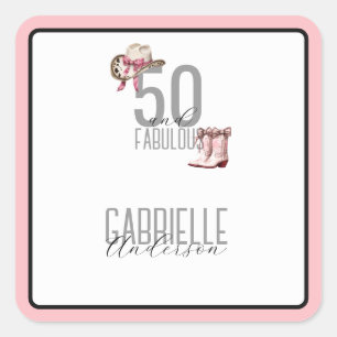 Pegatina Cuadrada Vaquera rosa Elegante 50 y Cumpleaños Fabuoso