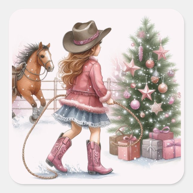Pegatina Cuadrada Vaquera Rosa Lassoing Navidad  (Anverso)