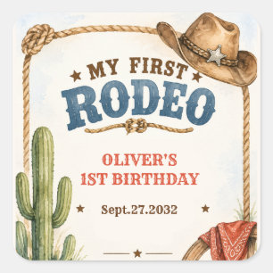 Pegatina Cuadrada Vaquero acuarela Mi primer rodeo Cumpleaños 1