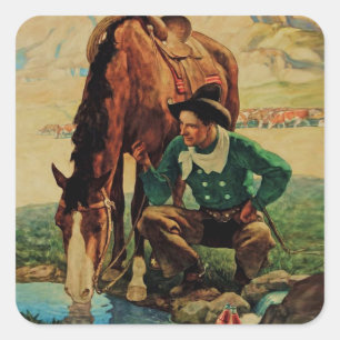 Pegatina Cuadrada Vaquero dando agua a su caballo por NC Wyeth