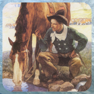 Pegatina Cuadrada Vaquero dando agua a su caballo por NC Wyeth, Arte