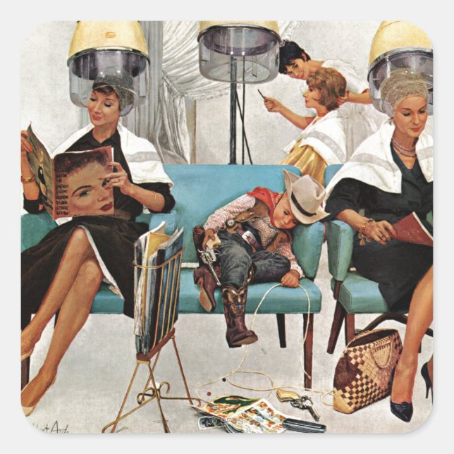 Pegatina Cuadrada Vaquero dormido en salón de belleza (Anverso)