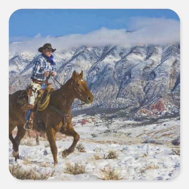 Pegatina Cuadrada Vaquero en caballo con gritos de cuero (Anverso)