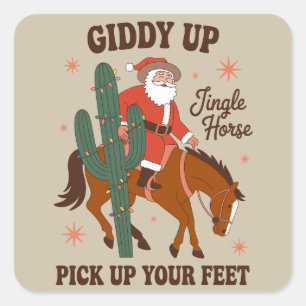 Pegatina Cuadrada Vaquero Giddy Up Jingle Caballo Levanta Tus Pies