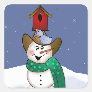 Pegatina Cuadrada Vaquero hombre de nieve con casa de pájaros