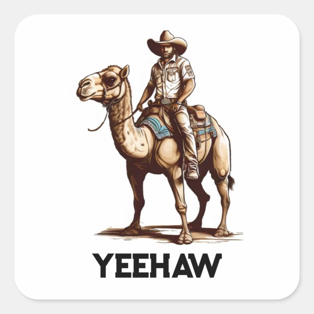 Pegatina Cuadrada Vaquero montando un camello (Anverso)