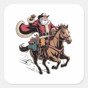 Pegatina Cuadrada Vaquero Papá Noel Montando A Navidades De Caballos