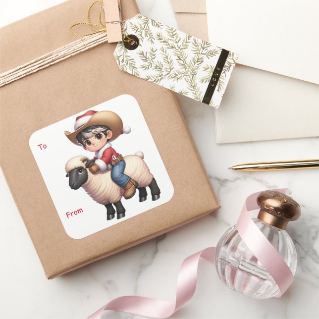 Pegatina Cuadrada Vaquero Santa Mutton Busting Christmas Sticker (Regalar)