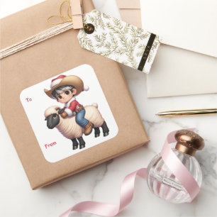 Pegatina Cuadrada Vaquero Santa Mutton Busting Christmas Sticker