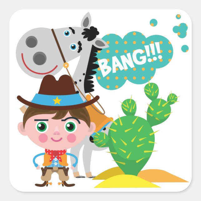 Pegatina Cuadrada Vaquero y caballo (Anverso)