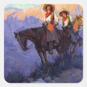 Pegatina Cuadrada Vaqueros antiguos, hombre y mujer en caballos, And