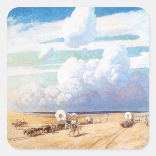 Pegatina Cuadrada Vaqueros occidentales vintage, carretas cubiertas
