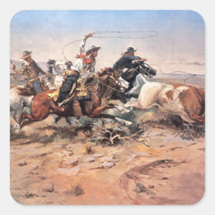 Pegatina Cuadrada Vaqueros rotando un toro, 1897 (aceite sobre lienz