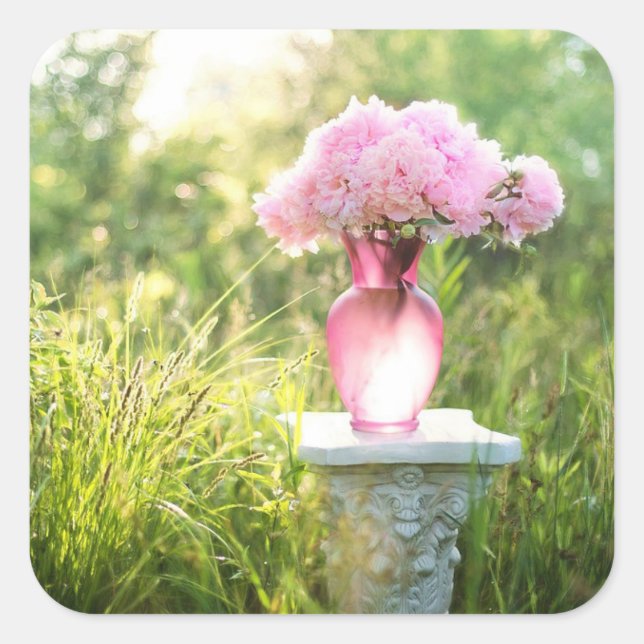 Pegatina Cuadrada Vasa de vidrio de bonito de Pegatinas de flores ro (Anverso)