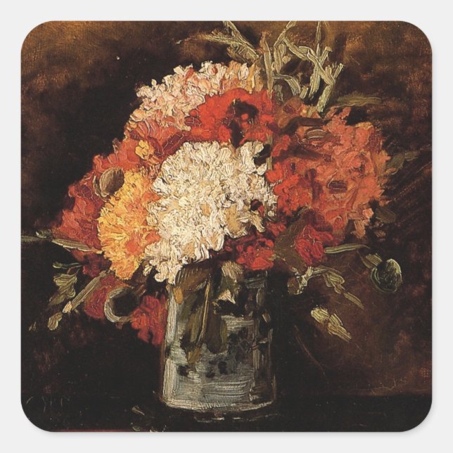 Pegatina Cuadrada Vase con Carnations de Vincent van Gogh (Anverso)