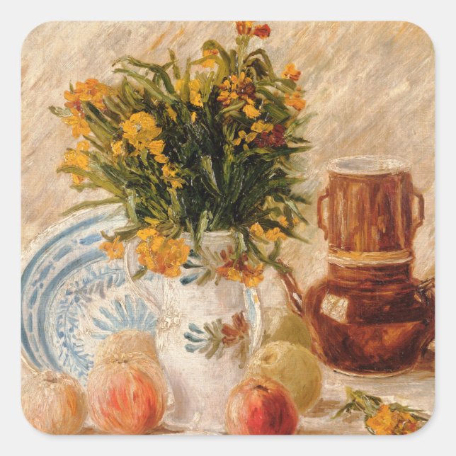 Pegatina Cuadrada Vase con flores, café y fruta, van Gogh (Anverso)