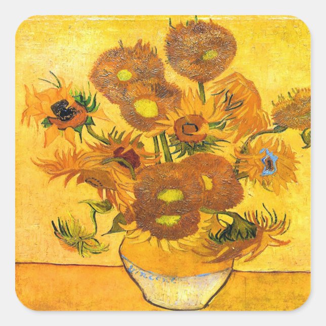 Pegatina Cuadrada Vase con quince girasoles de Vincent van Gogh (Anverso)