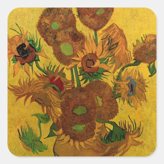 Pegatina Cuadrada Vase de la vida con 15 girasoles Vincent van Gogh (Anverso)