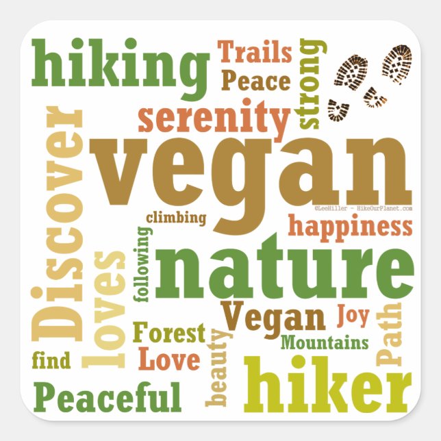 Pegatina Cuadrada Vegan Hiker Hiking Word Cloud (Anverso)
