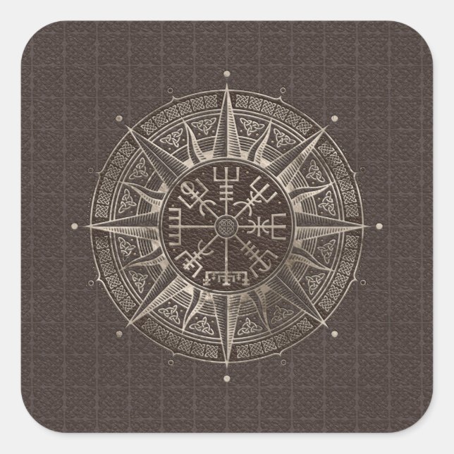 Pegatina Cuadrada Vegvisir - Brújula Viking - Cuero marrón y oro (Anverso)