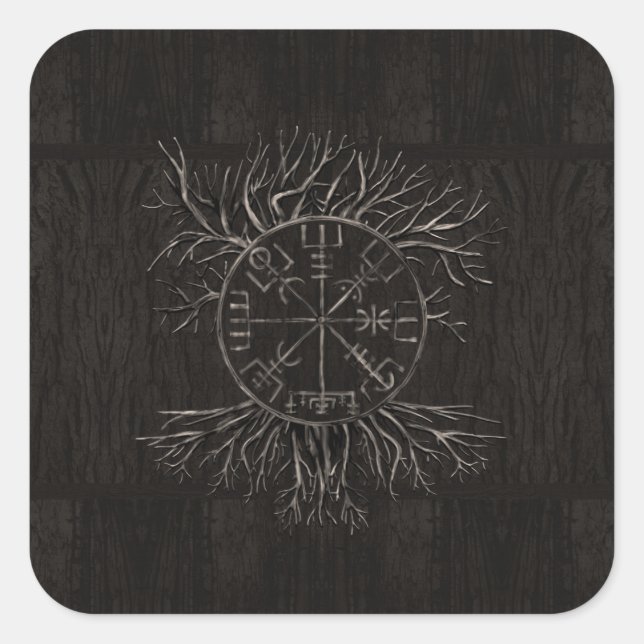 Pegatina Cuadrada Vegvisir y árbol de la vida Yggdrasil (Anverso)