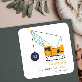 Pegatina Cuadrada Vehículo Cute Construction Crane Cualquier Cumplea