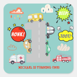 Pegatina Cuadrada Vehículos de pitido de hongos de primer cumpleaños