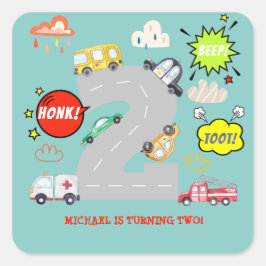 Pegatina Cuadrada Vehículos de pitido de hongos para niños cumpleaño