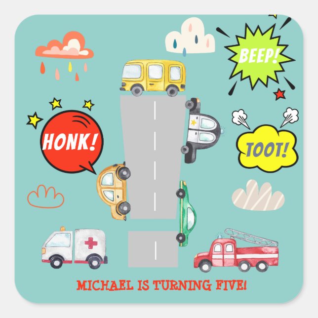 Pegatina Cuadrada Vehículos de pitido de hongos para niños cumpleaño (Anverso)