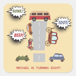 Pegatina Cuadrada Vehículos retro de pitido de hongos cumpleaños cum