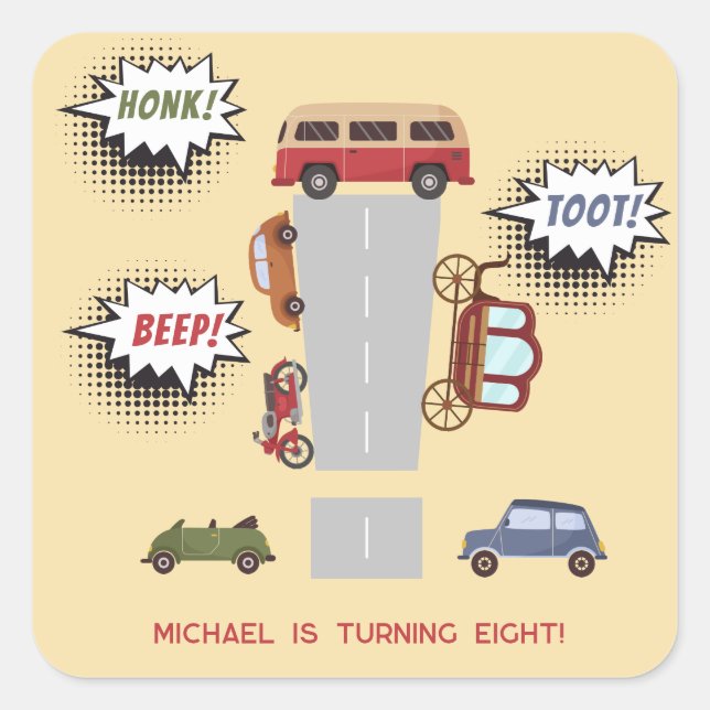 Pegatina Cuadrada Vehículos retro de pitido de hongos cumpleaños cum (Anverso)