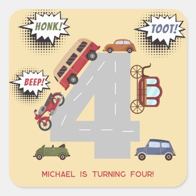 Pegatina Cuadrada Vehículos retro de pitido de hongos para niños cum (Anverso)