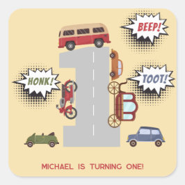 Pegatina Cuadrada Vehículos retro de pitido de hongos primer cumplea