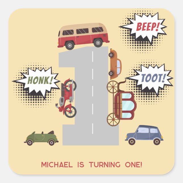 Pegatina Cuadrada Vehículos retro de pitido de hongos primer cumplea (Anverso)