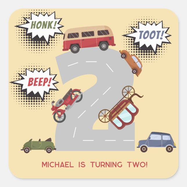 Pegatina Cuadrada Vehículos retro de pitido de hongos vehículos de s (Anverso)