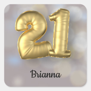 Pegatina Cuadrada Veintiún 21 globos de oro con nombre