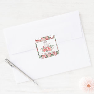 Pegatina Cuadrada Vela acuarela y poinsettia Navidad personalizada