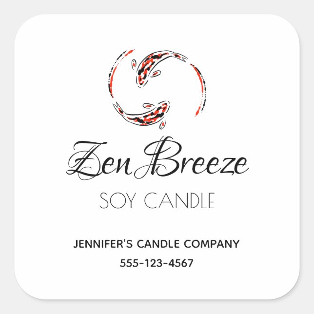 Pegatina Cuadrada Vela artística japonesa de pescado Koi negro y roj (Anverso)