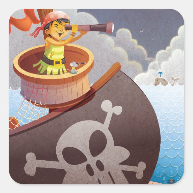 Pegatina Cuadrada Vela con piratas (Anverso)