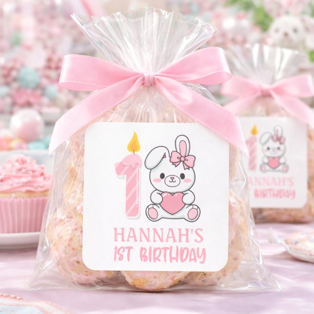 Pegatina Cuadrada Vela de conejito rosa lindo para cumpleaños de niñ (pink bunny candle first birthday sticker)